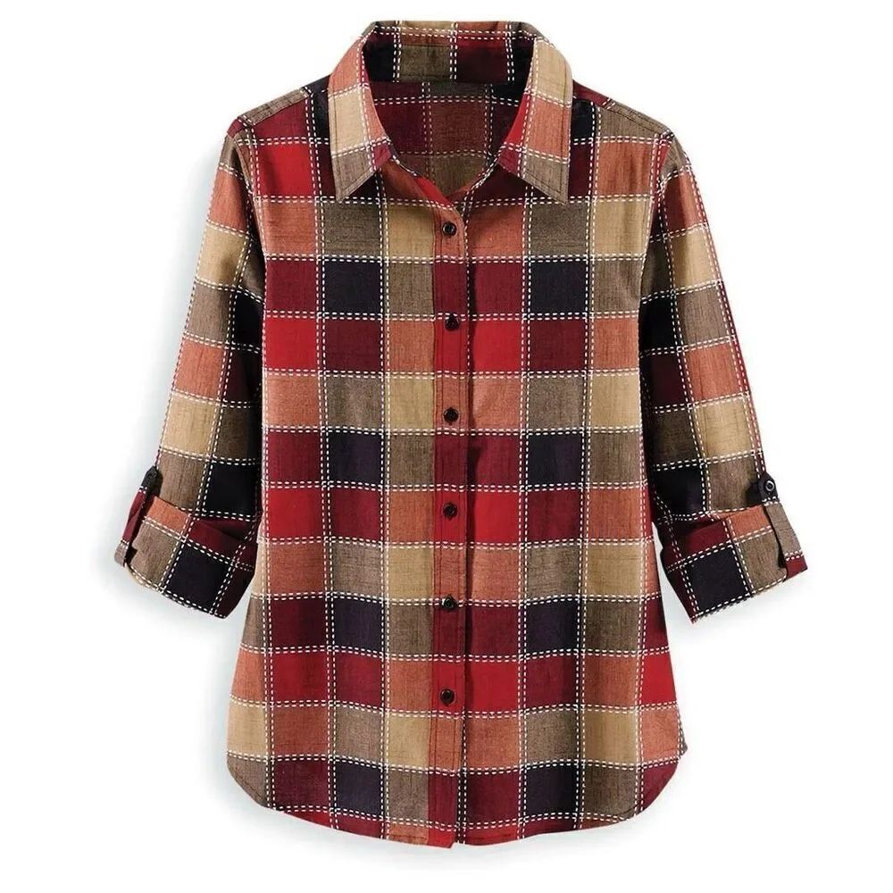 Serengeti Harvest Check Plaid Whipstitch shirt roll tabs sleeves 100%cotton sz M